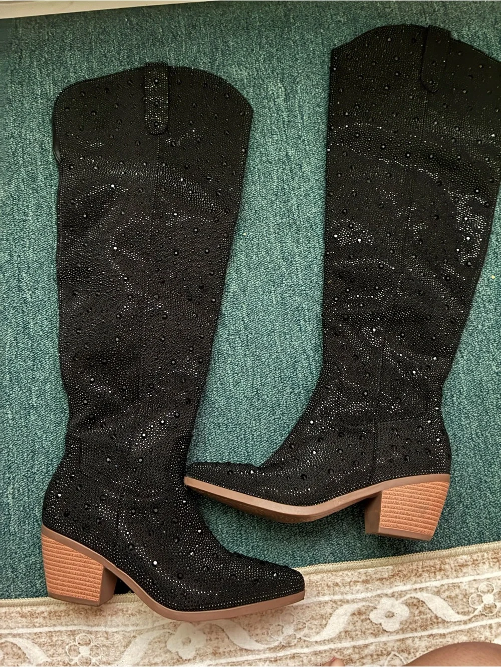 Embellished Black Over-the-Knee Boots with Block Heel